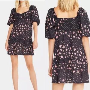 Betsey Johnson Rosy Dress Sz XL Floral Polka Dot Puff Sleeve Mini Black Smocked